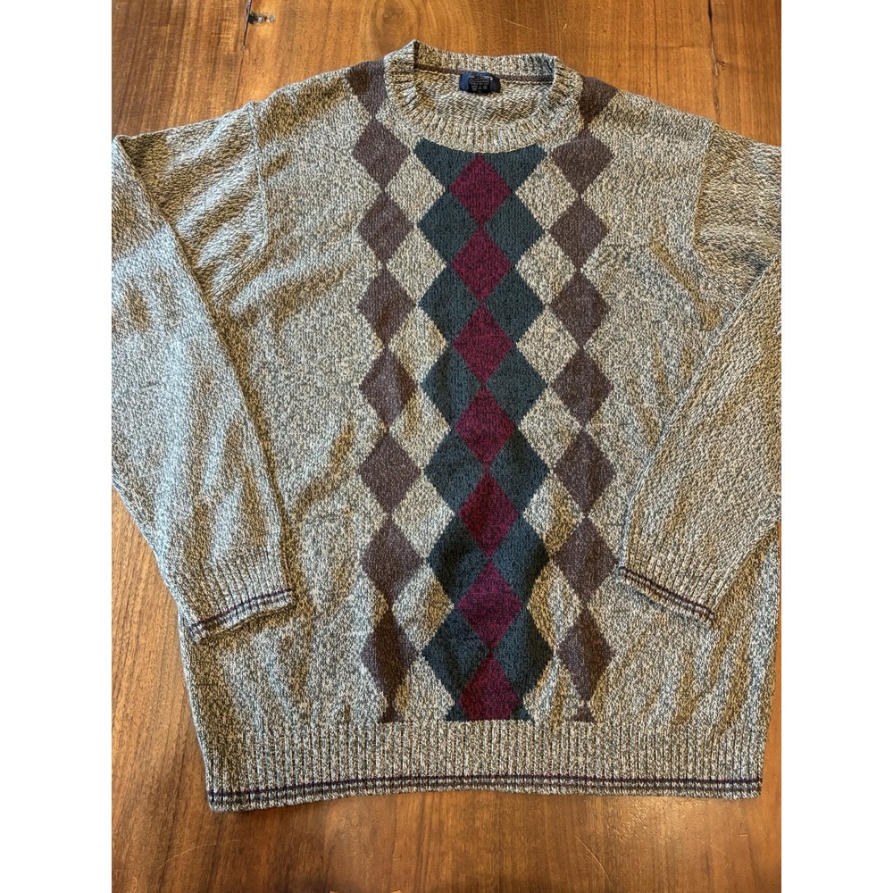 Dockers Argyle Sweater Mens Large Gray Brown & Rust Crew Neck Long Sleeve Preppy